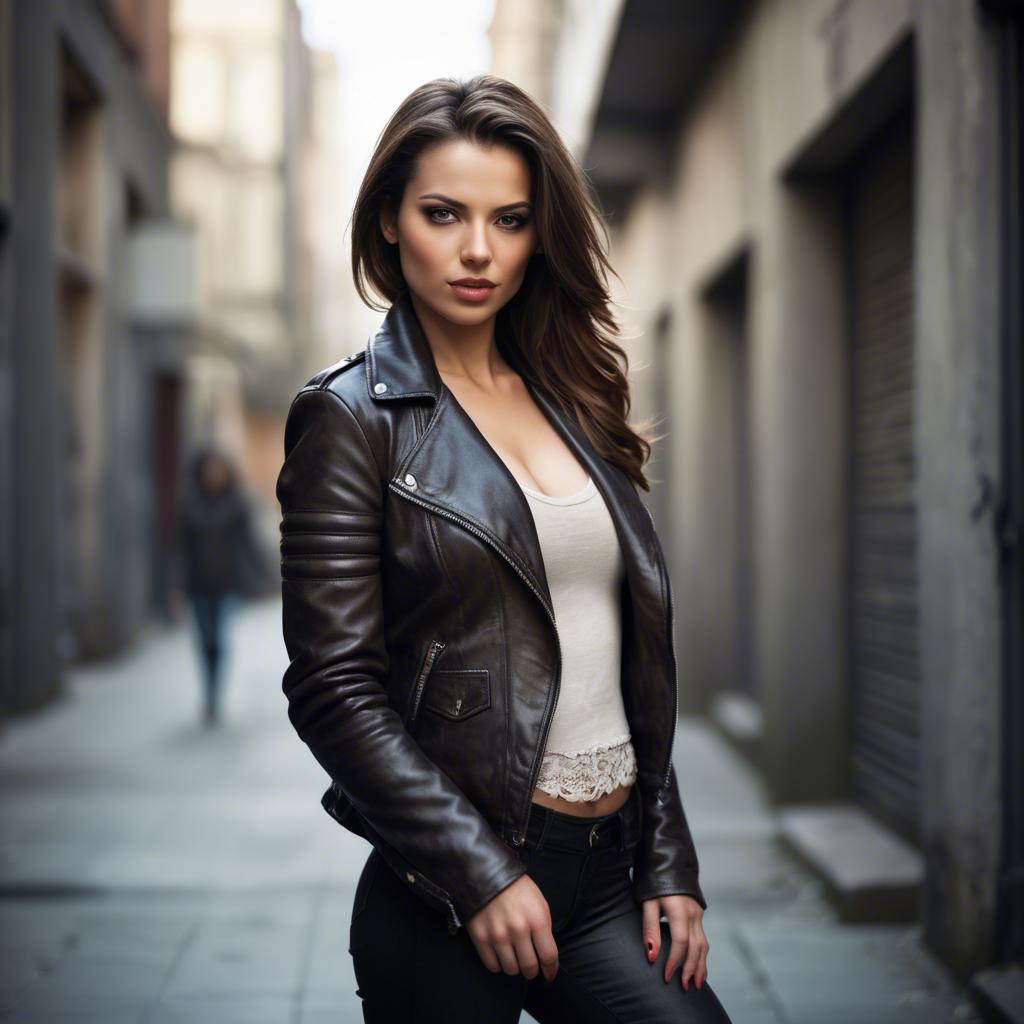 A stunning image of seductive woman in leather jacket, urban setting.