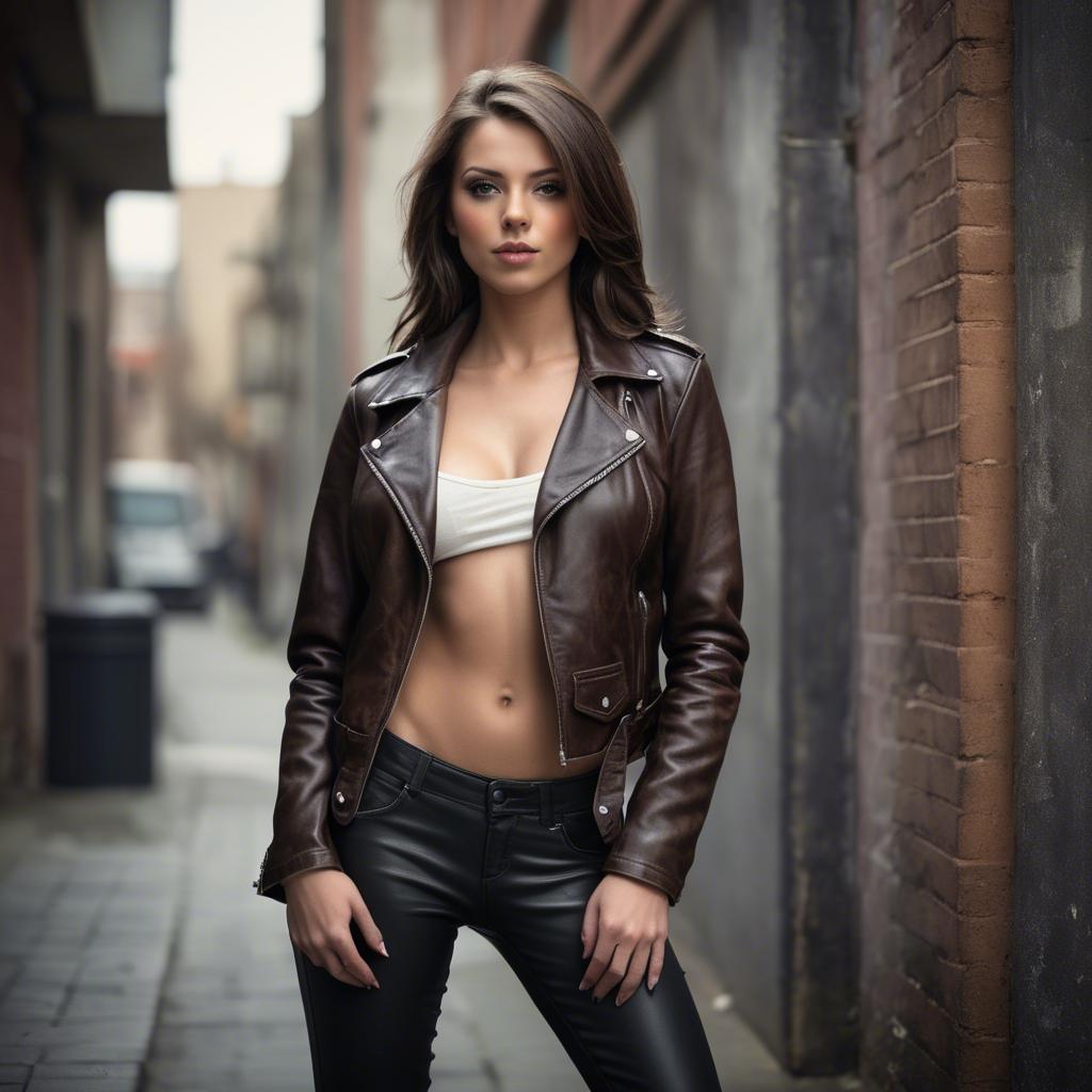 A stunning image of seductive woman in leather jacket, urban setting.