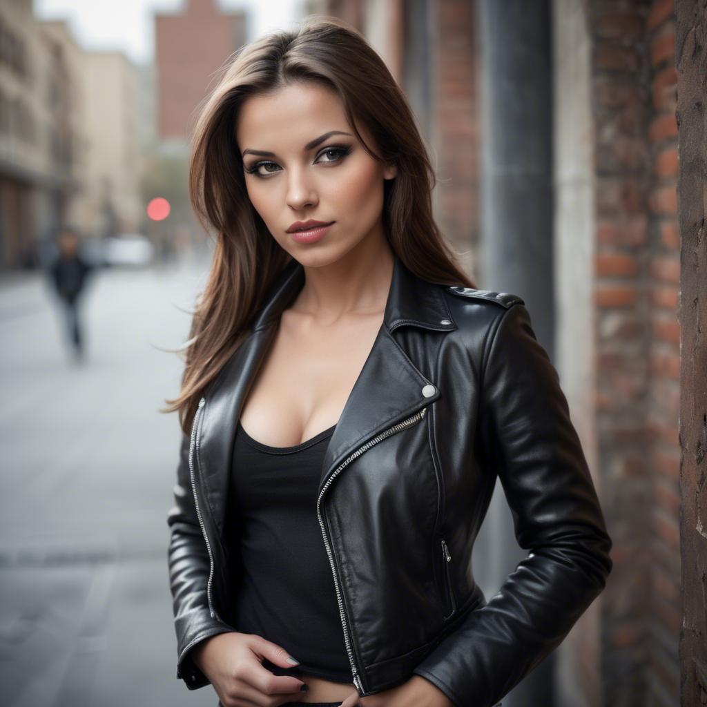 A stunning image of seductive woman in leather jacket, urban setting.