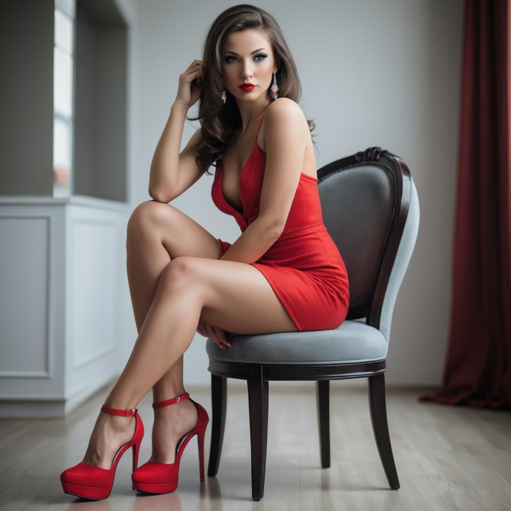 A stunning image of seductive woman in red heels, sitting on a chair.