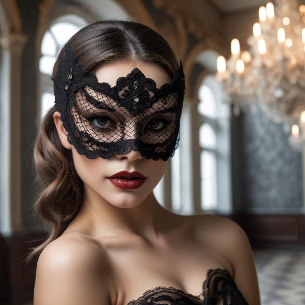 A stunning image of seductive woman with a lace mask in a ballroom.