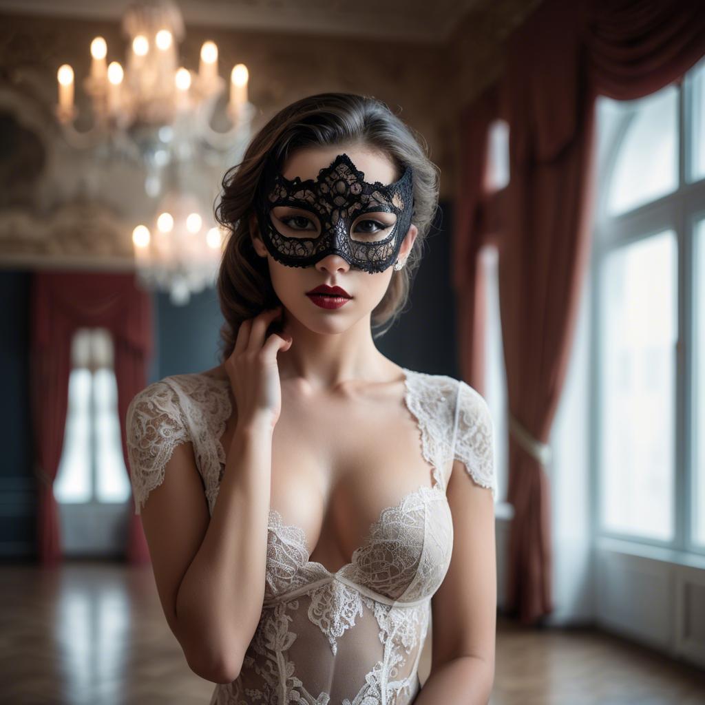 A stunning image of seductive woman with a lace mask in a ballroom.