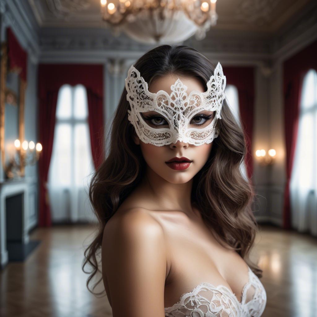 A stunning image of seductive woman with a lace mask in a ballroom.