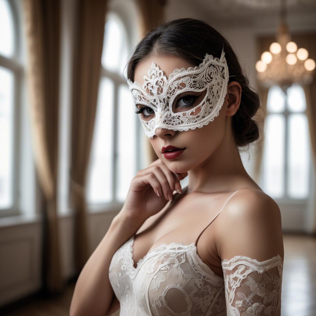 A stunning image of seductive woman with a lace mask in a ballroom.