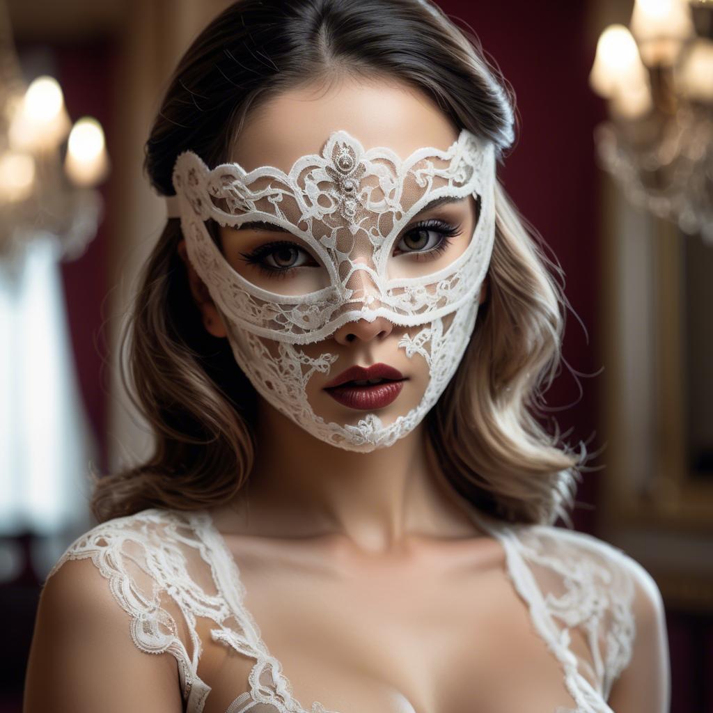 A stunning image of seductive woman with a lace mask in a ballroom.