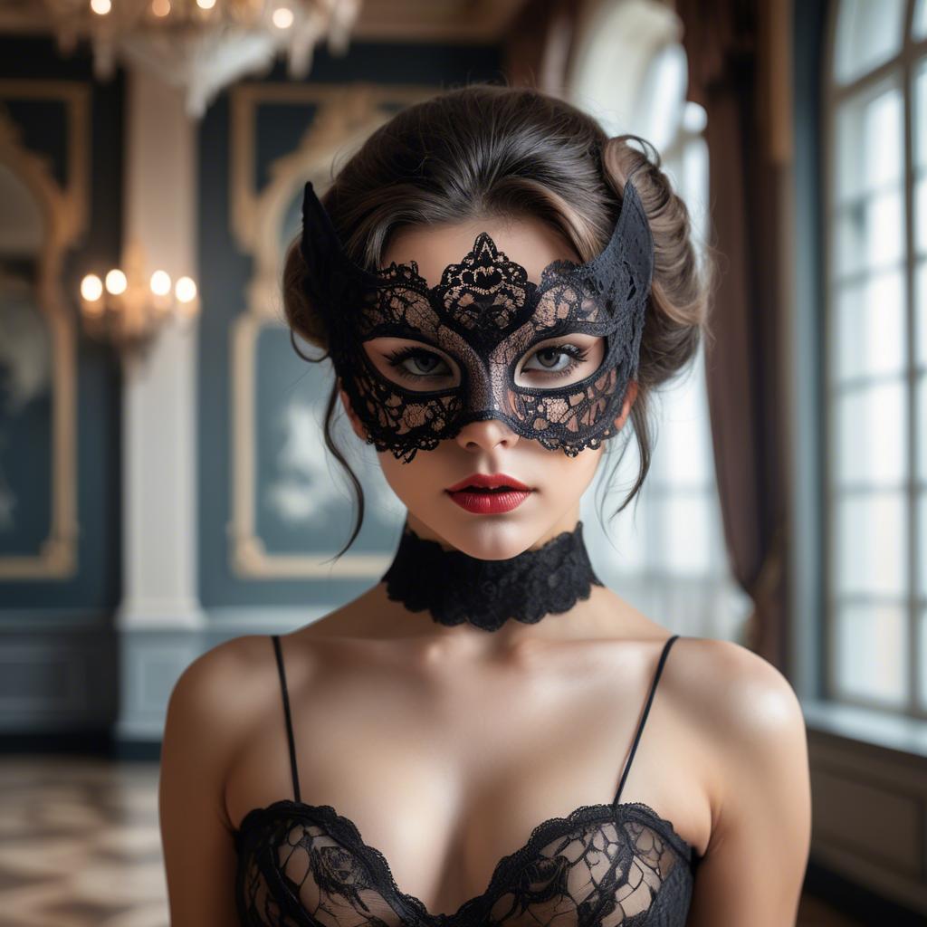 A stunning image of seductive woman with a lace mask in a ballroom.