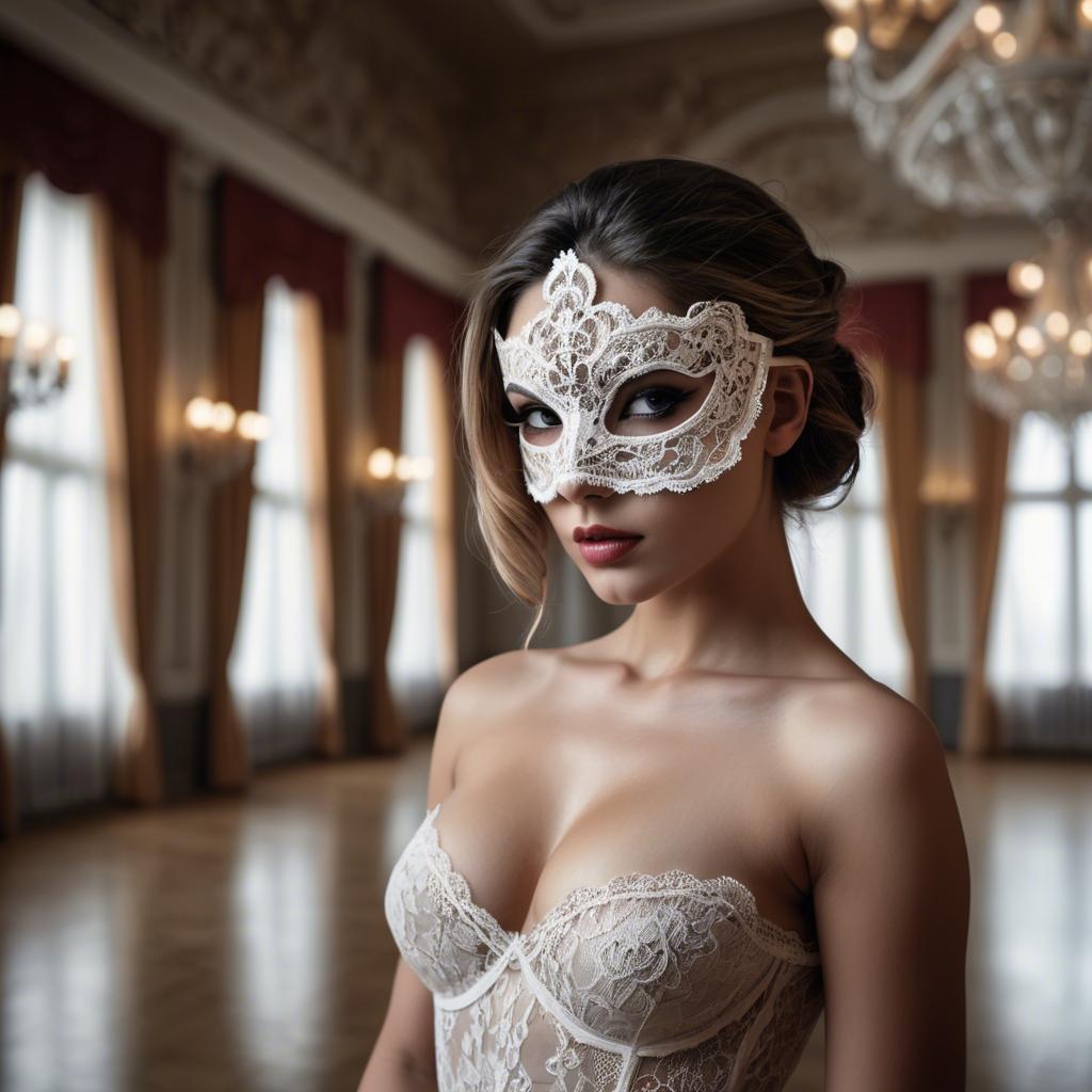A stunning image of seductive woman with a lace mask in a ballroom.