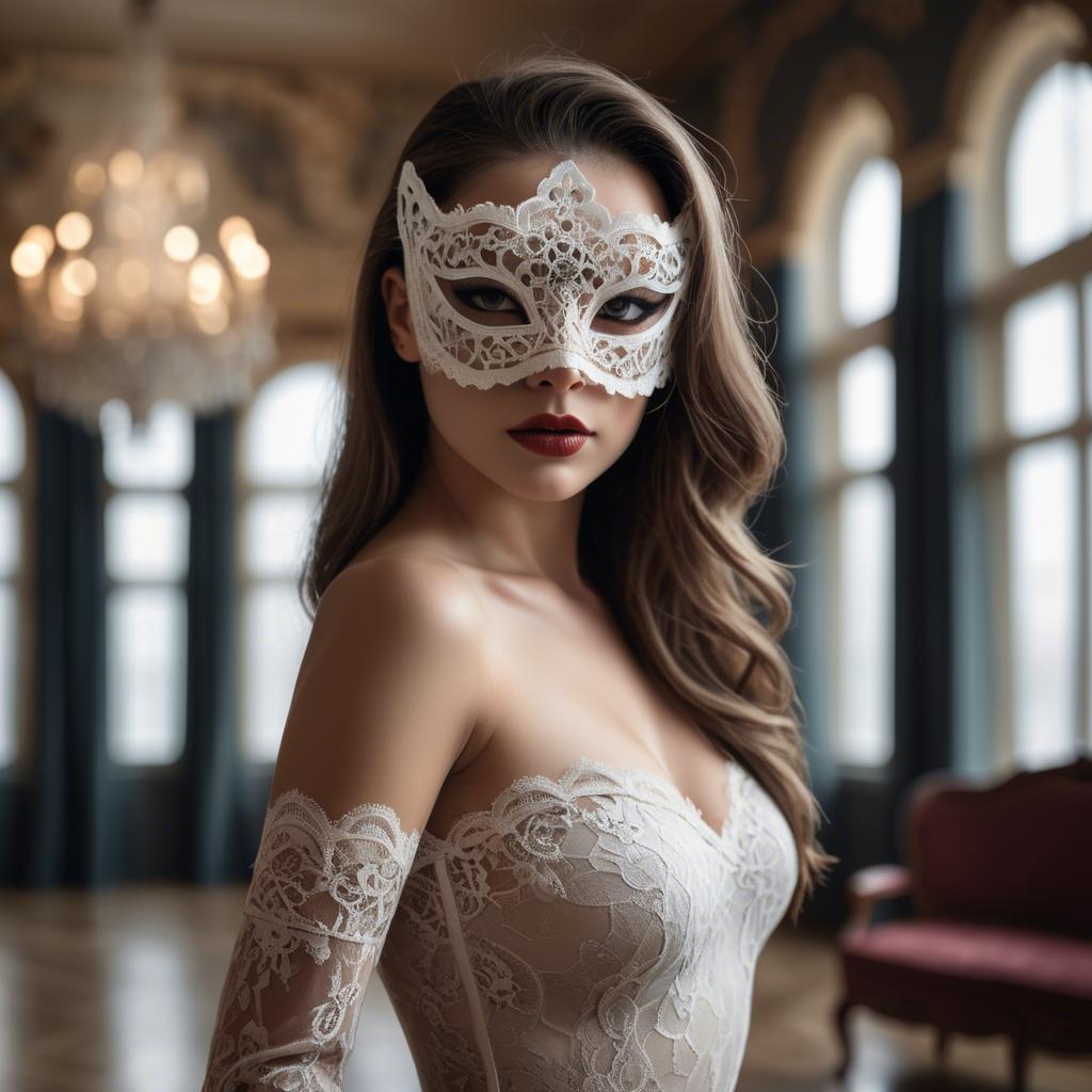 A stunning image of seductive woman with a lace mask in a ballroom.
