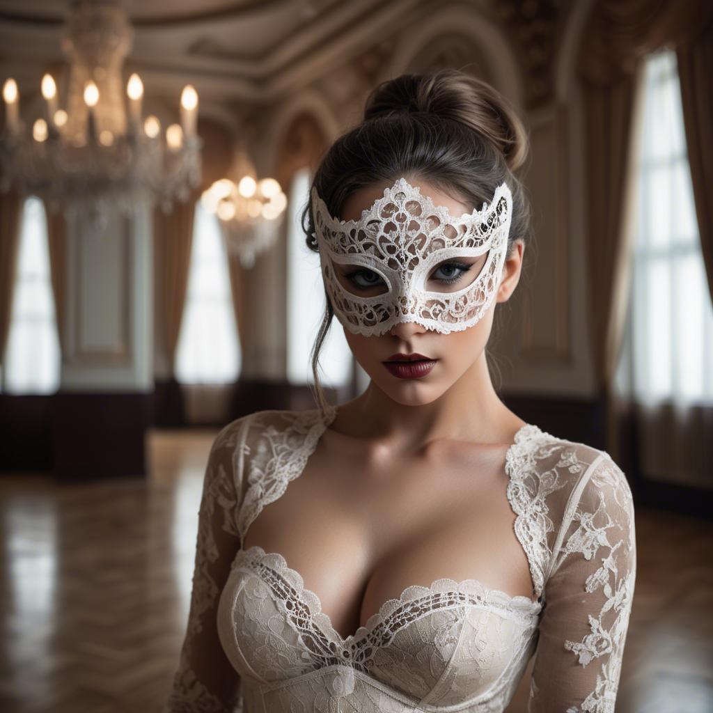 A stunning image of seductive woman with a lace mask in a ballroom.