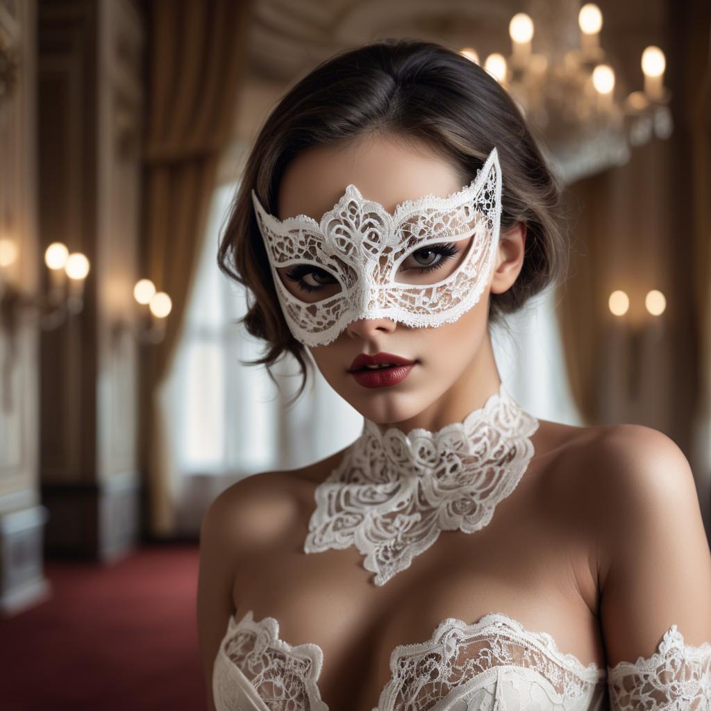 A stunning image of seductive woman with a lace mask in a ballroom.