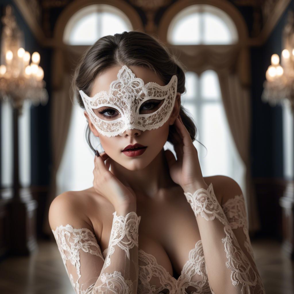 A stunning image of seductive woman with a lace mask in a ballroom.
