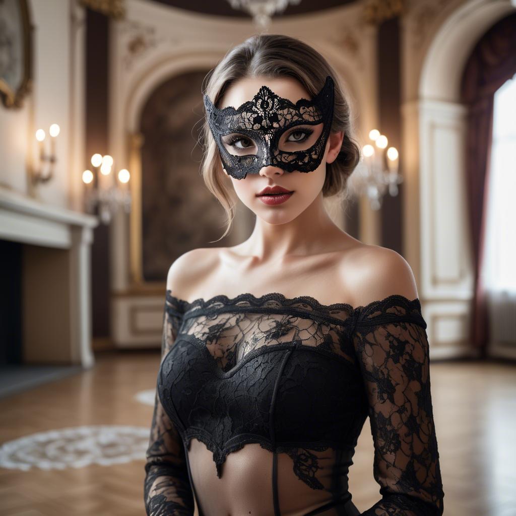 A stunning image of seductive woman with a lace mask in a ballroom.