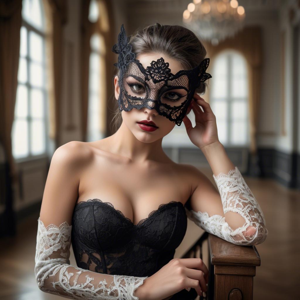 A stunning image of seductive woman with a lace mask in a ballroom.