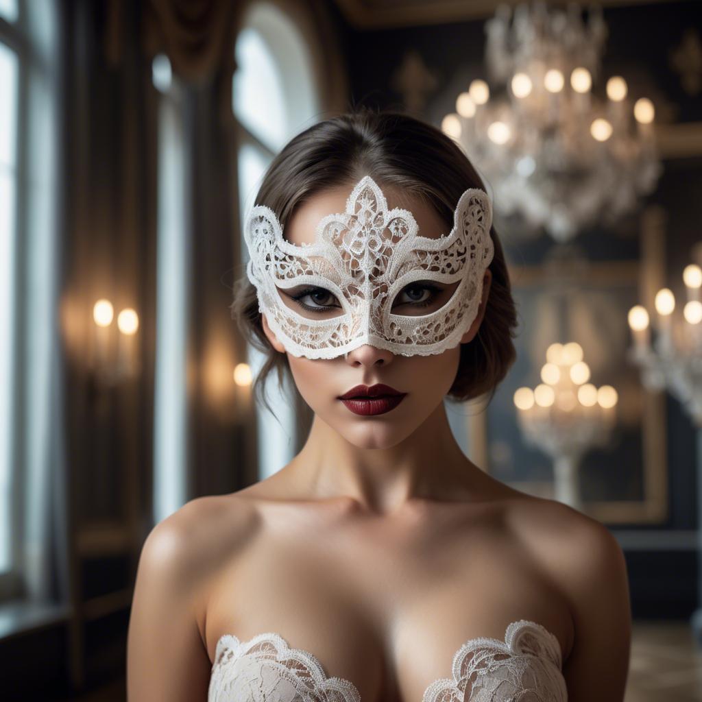 A stunning image of seductive woman with a lace mask in a ballroom.