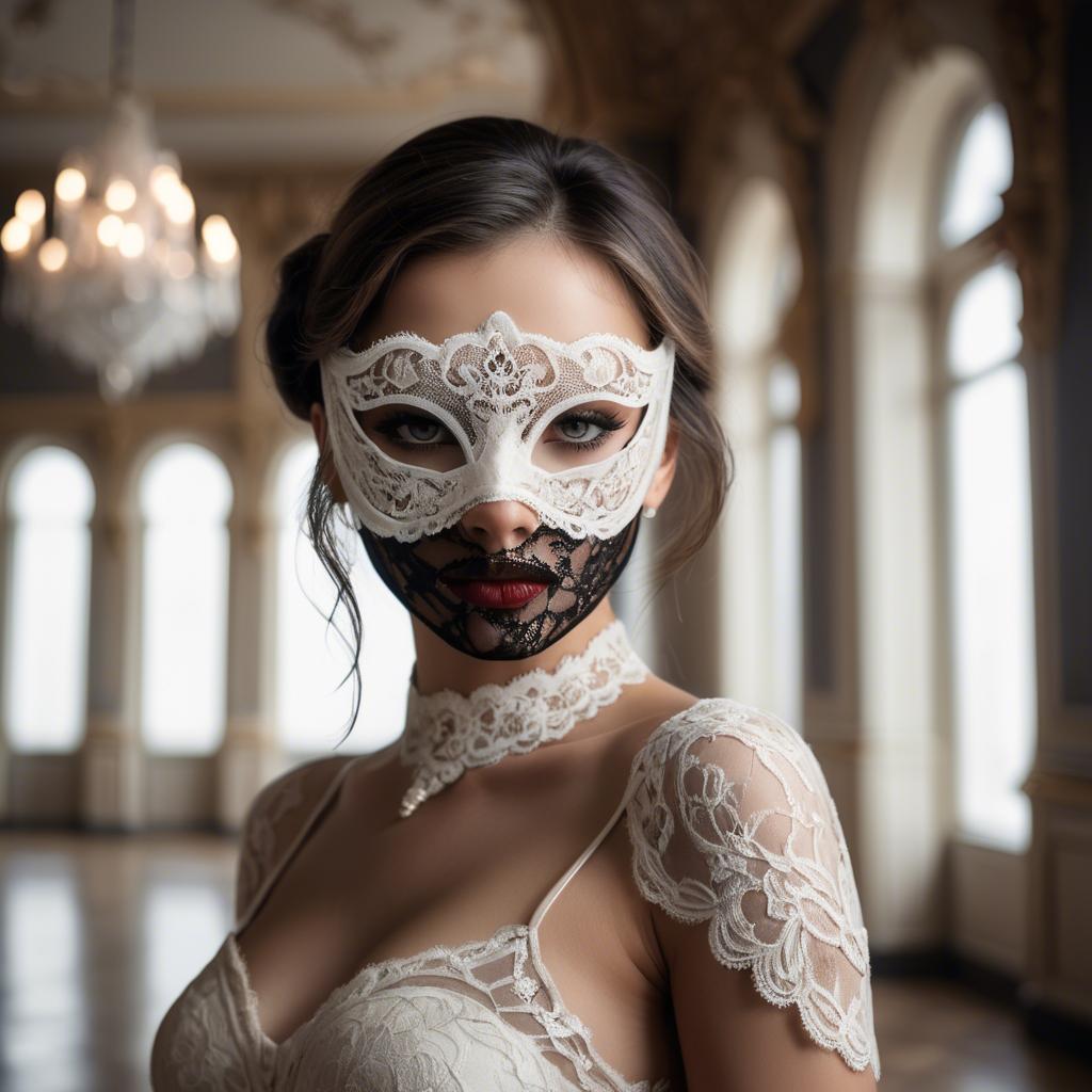 A stunning image of seductive woman with a lace mask in a ballroom.