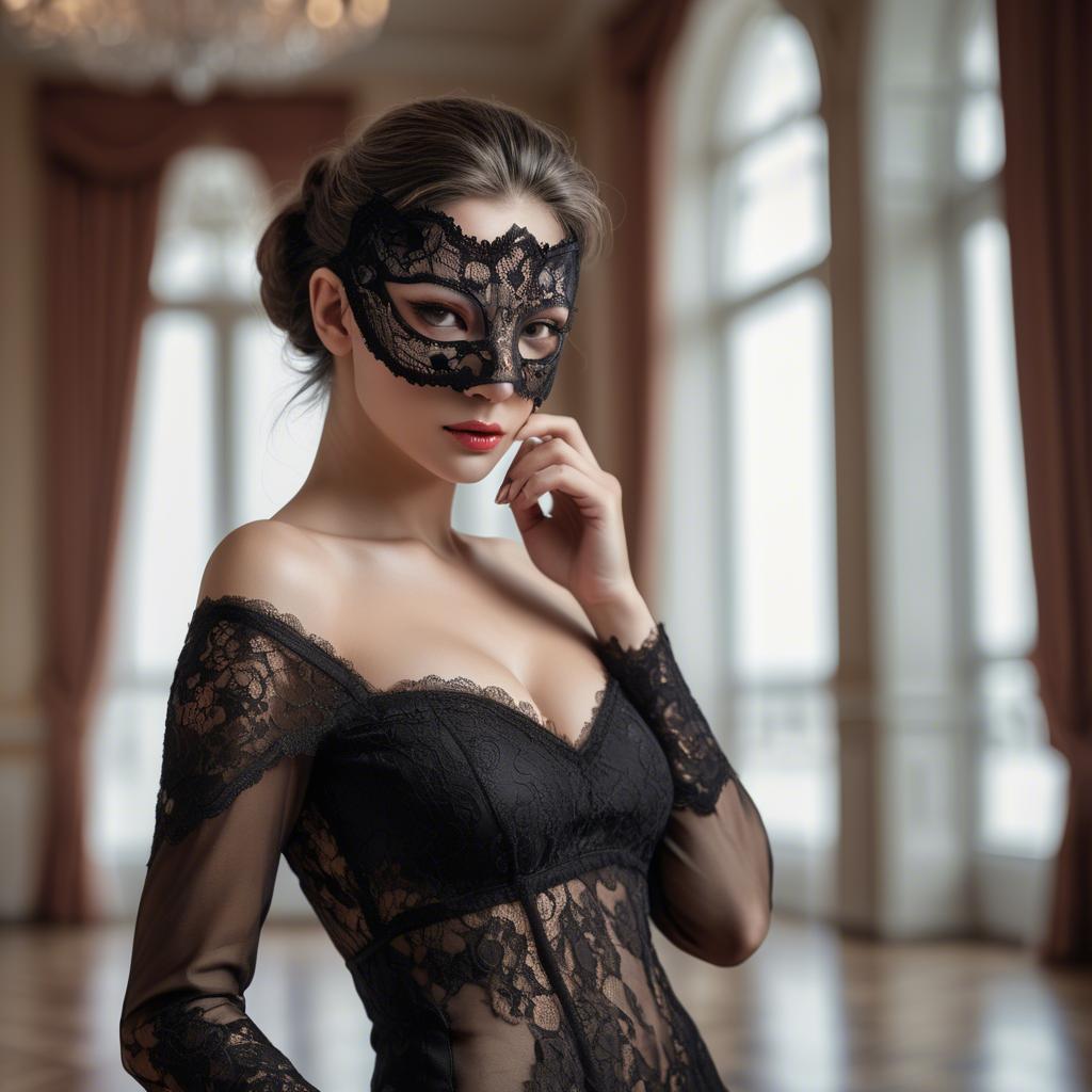 A stunning image of seductive woman with a lace mask in a ballroom.