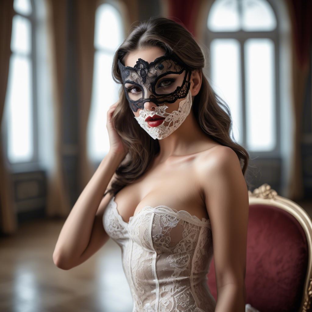 A stunning image of seductive woman with a lace mask in a ballroom.