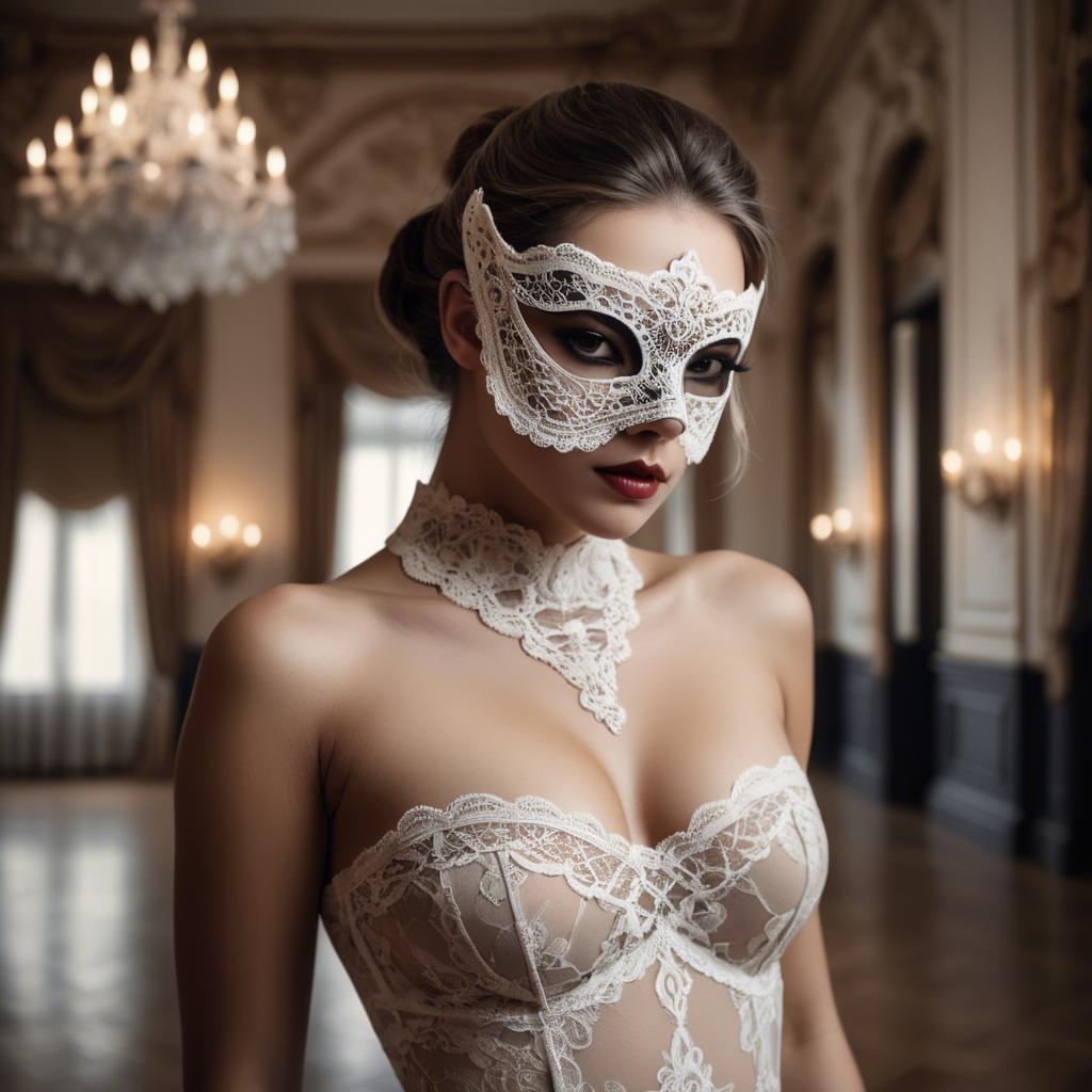 A stunning image of seductive woman with a lace mask in a ballroom.