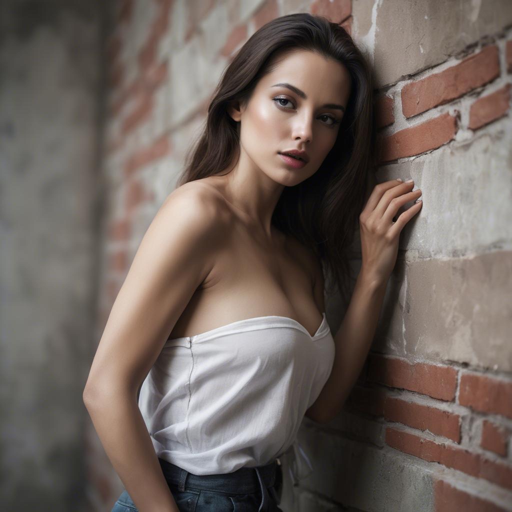 A stunning image of sensual pose, woman leaning against a wall.