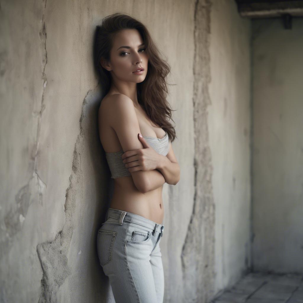 A stunning image of sensual pose, woman leaning against a wall.