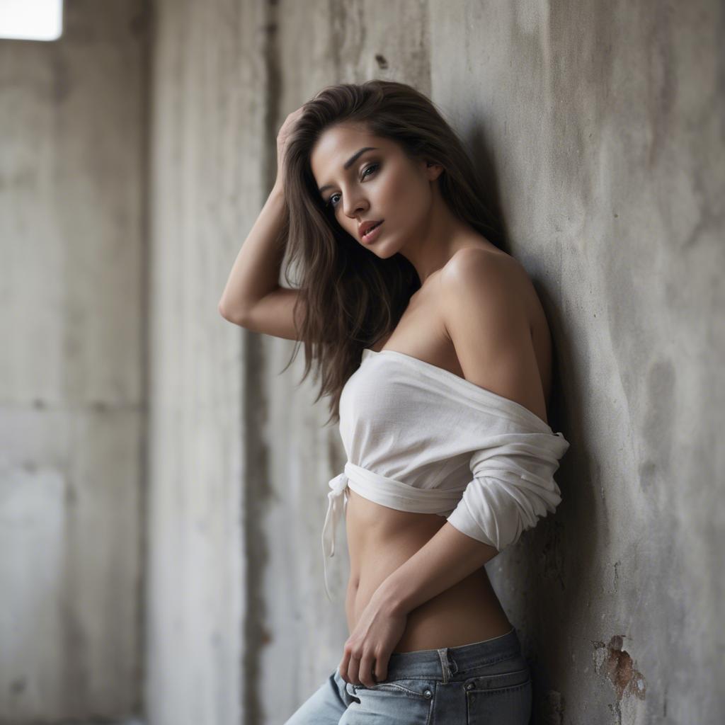 A stunning image of sensual pose, woman leaning against a wall.