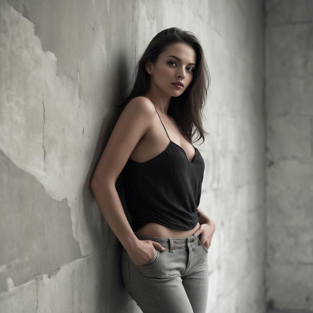 A stunning image of sensual pose, woman leaning against a wall.