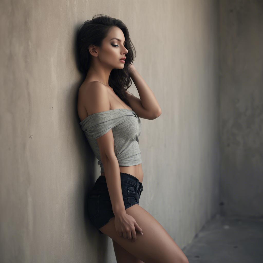 A stunning image of sensual pose, woman leaning against a wall.