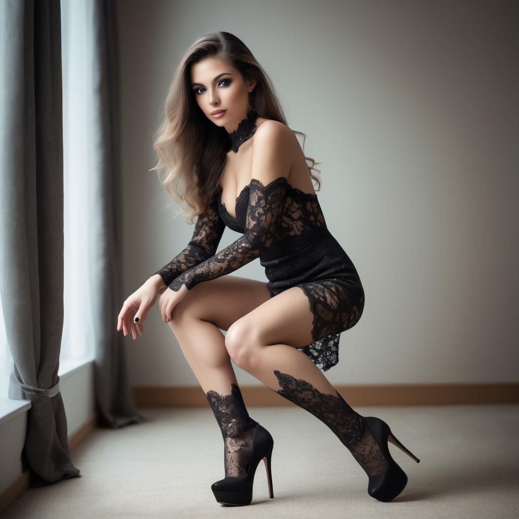 A stunning image of sensual woman in lace and high heels, playful pose.