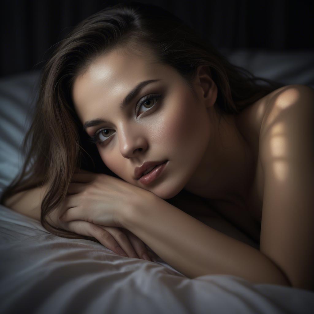 A stunning image of sensual woman, lying on a bed with dim lighting.
