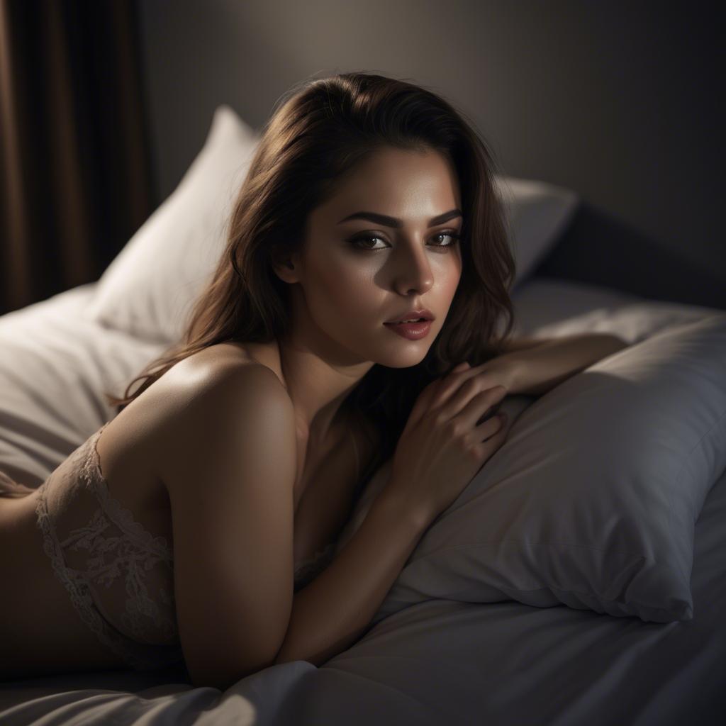 A stunning image of sensual woman, lying on a bed with dim lighting.