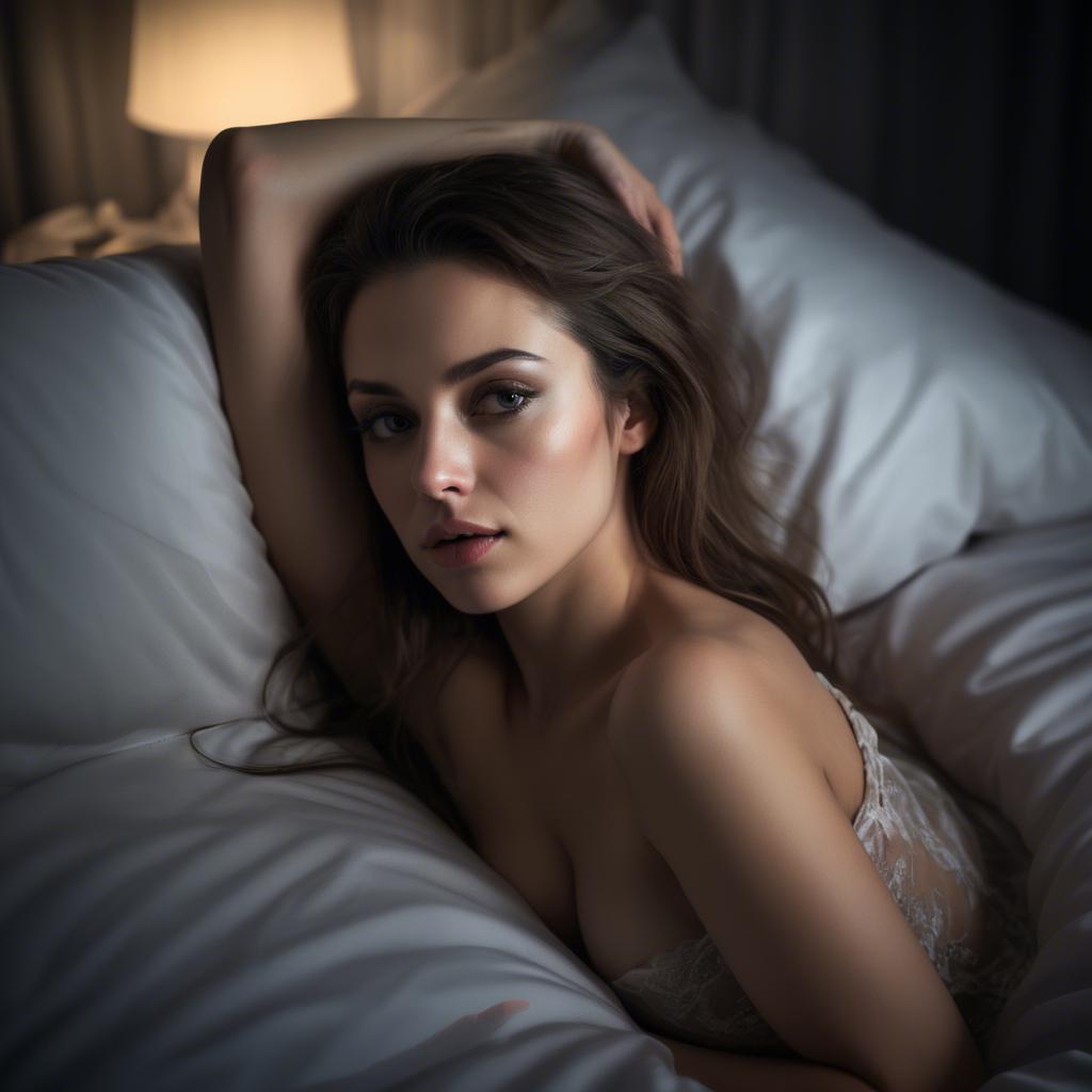 A stunning image of sensual woman, lying on a bed with dim lighting.