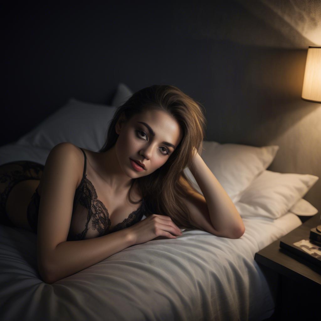 A stunning image of sensual woman, lying on a bed with dim lighting.