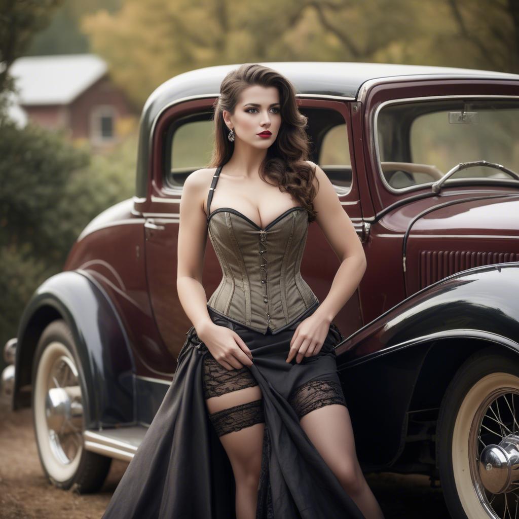 A stunning image of sexy lady in a corset leaning against a vintage car.