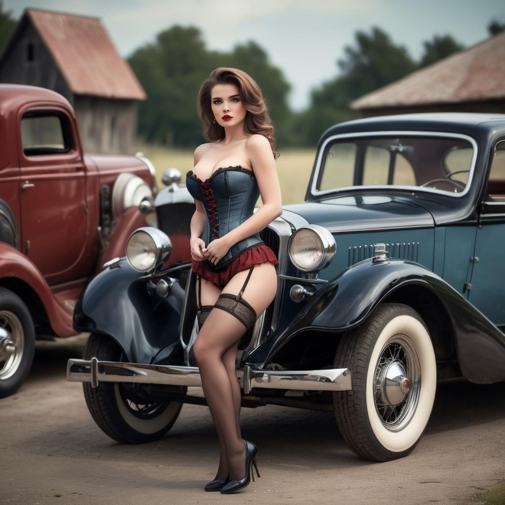 A stunning image of sexy lady in a corset leaning against a vintage car.
