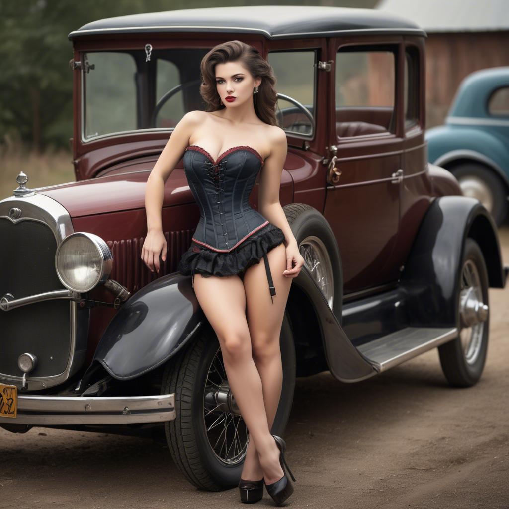 A stunning image of sexy lady in a corset leaning against a vintage car.