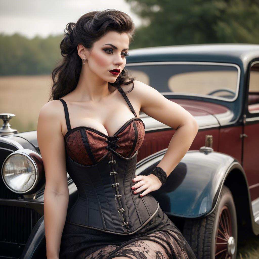 A stunning image of sexy lady in a corset leaning against a vintage car.
