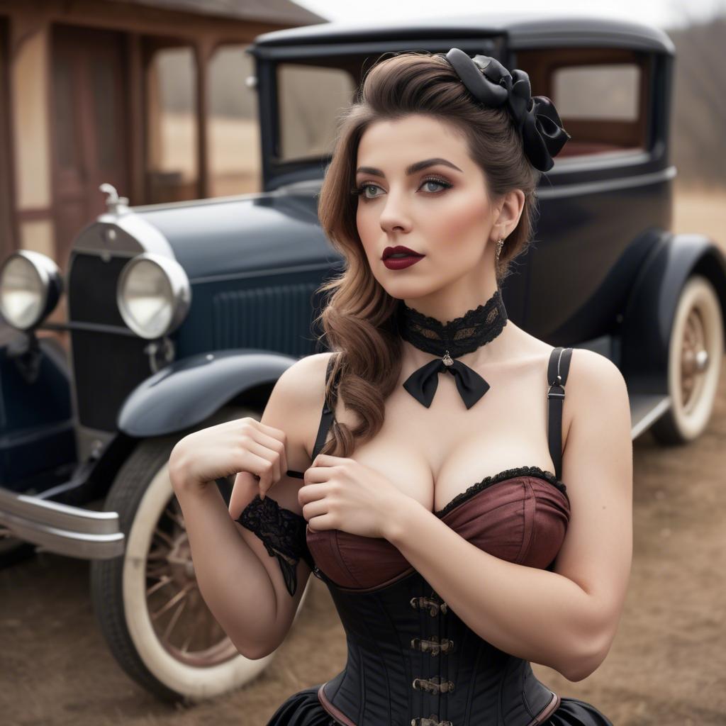 A stunning image of sexy lady in a corset leaning against a vintage car.