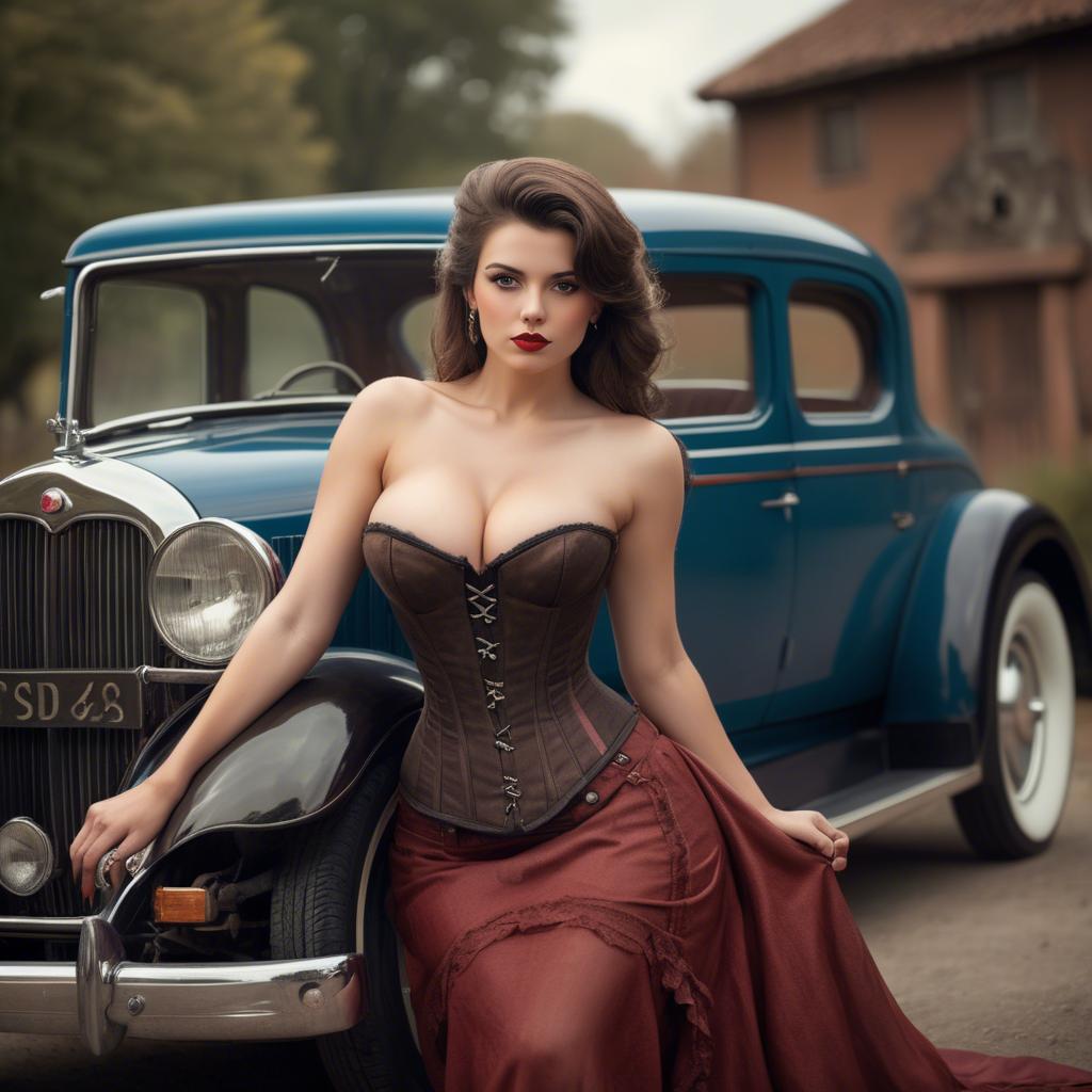 A stunning image of sexy lady in a corset leaning against a vintage car.