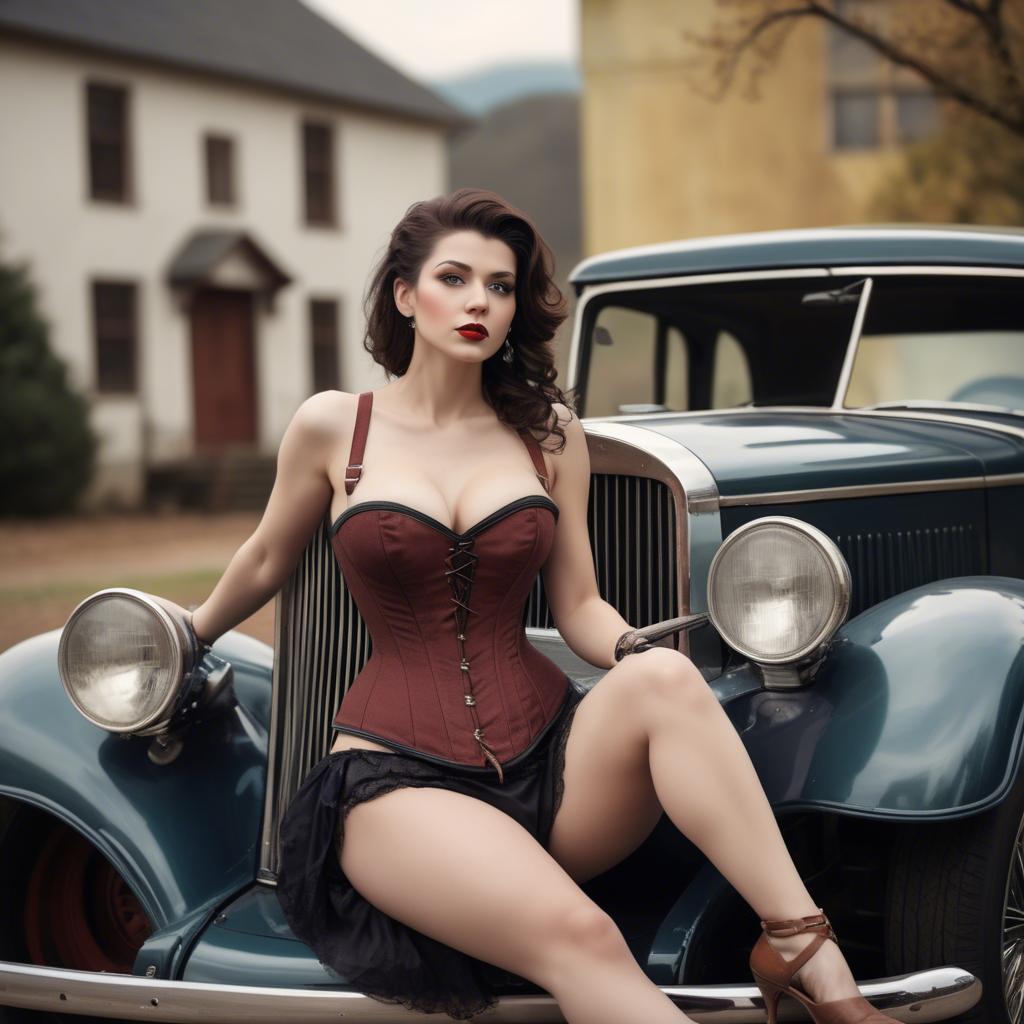 A stunning image of sexy lady in a corset leaning against a vintage car.