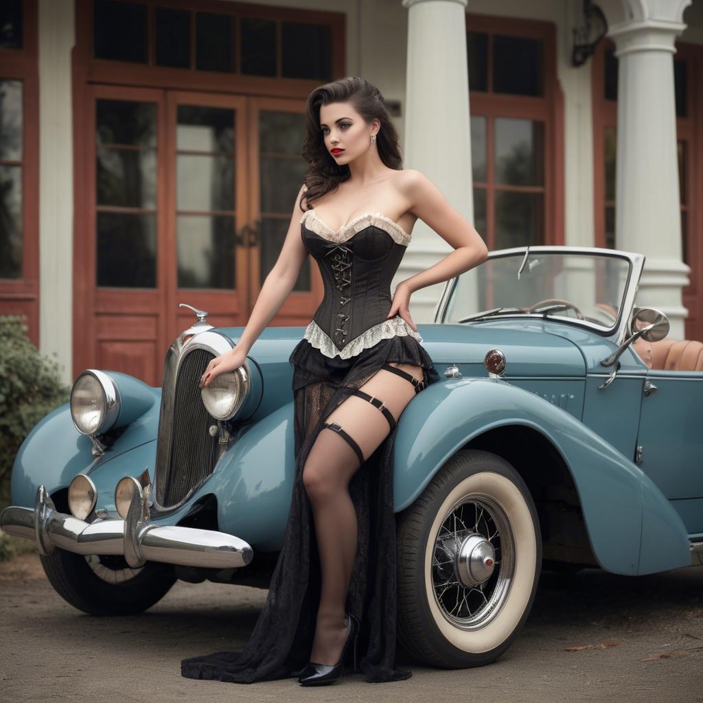 A stunning image of sexy lady in a corset leaning against a vintage car.