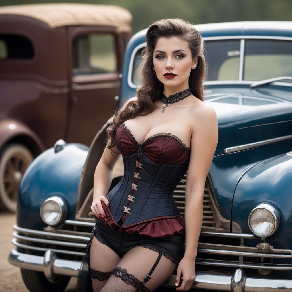 A stunning image of sexy lady in a corset leaning against a vintage car.