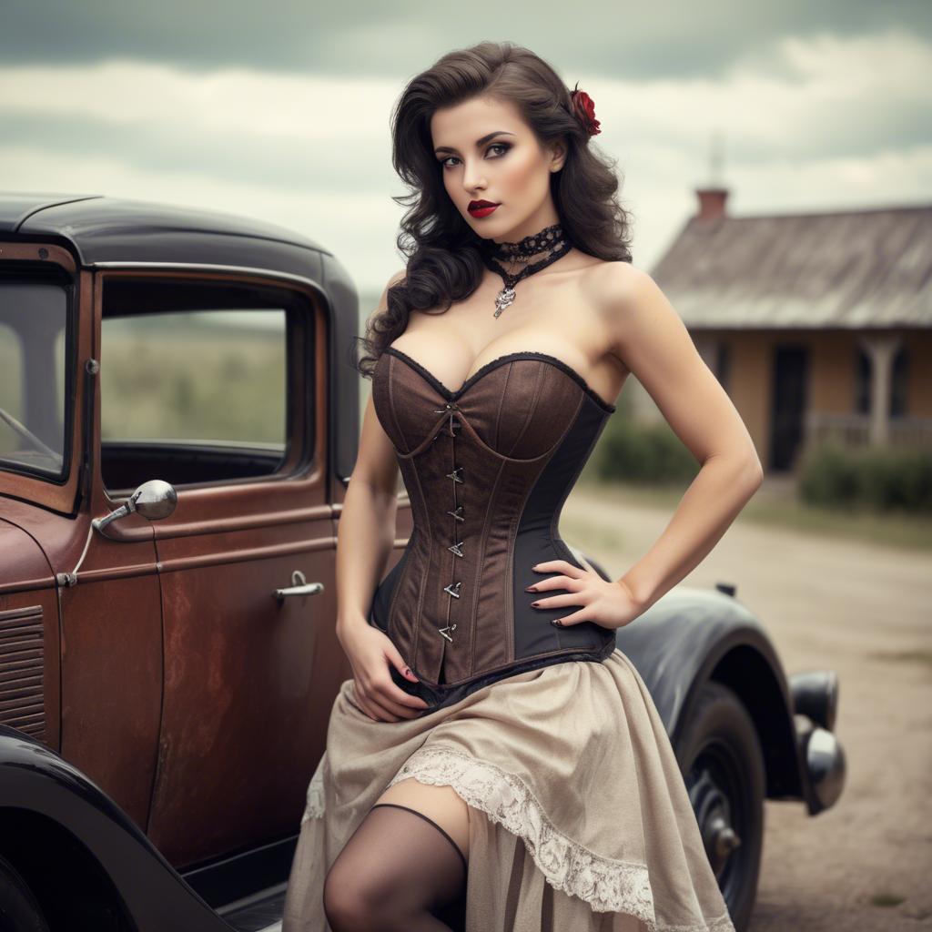 A stunning image of sexy lady in a corset leaning against a vintage car.
