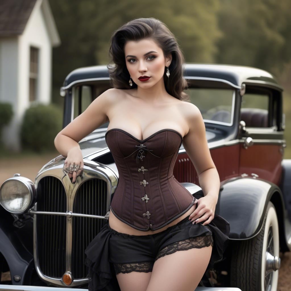 A stunning image of sexy lady in a corset leaning against a vintage car.