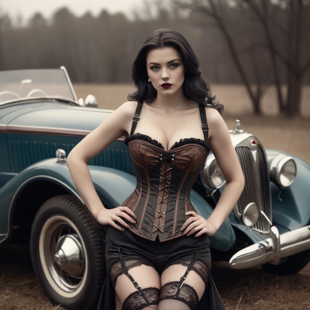 A stunning image of sexy lady in a corset leaning against a vintage car.