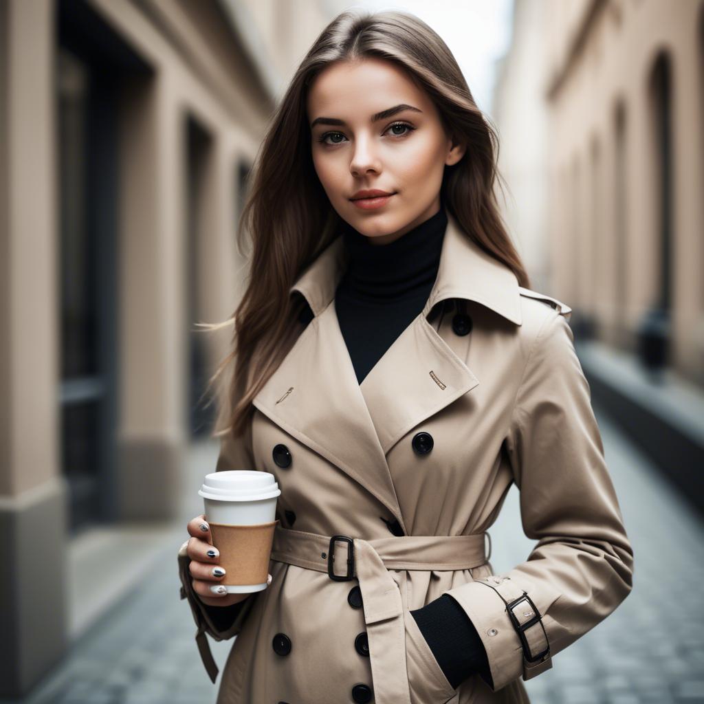 A stunning image of sophisticated girl in a trench coat with a coffee cup.
