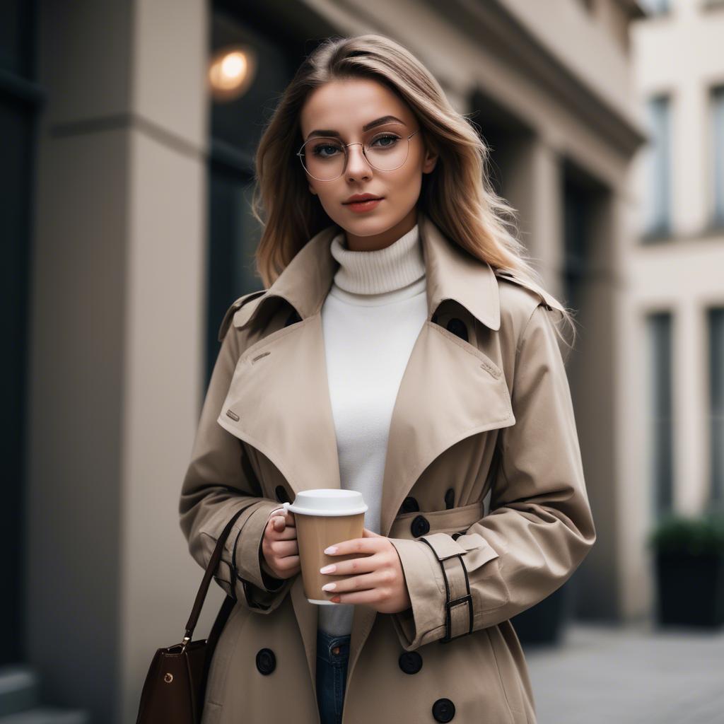 A stunning image of sophisticated girl in a trench coat with a coffee cup.