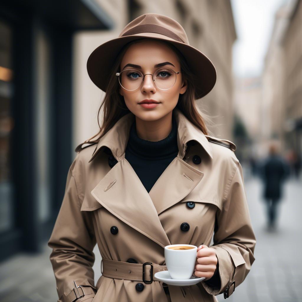 A stunning image of sophisticated girl in a trench coat with a coffee cup.
