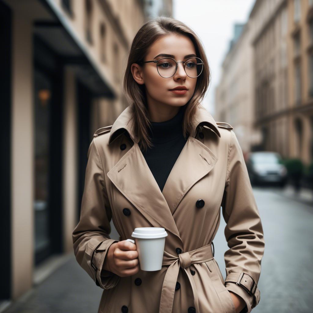 A stunning image of sophisticated girl in a trench coat with a coffee cup.