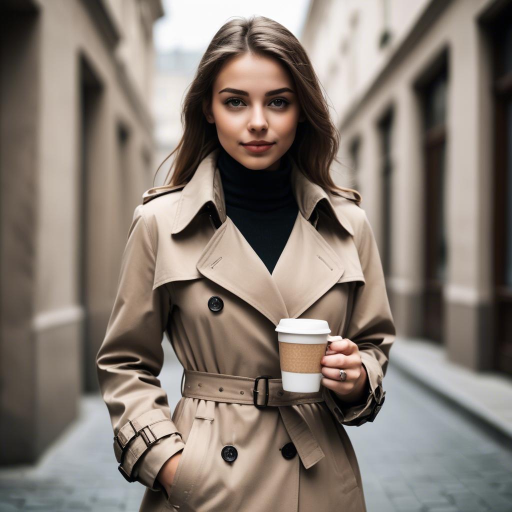 A stunning image of sophisticated girl in a trench coat with a coffee cup.