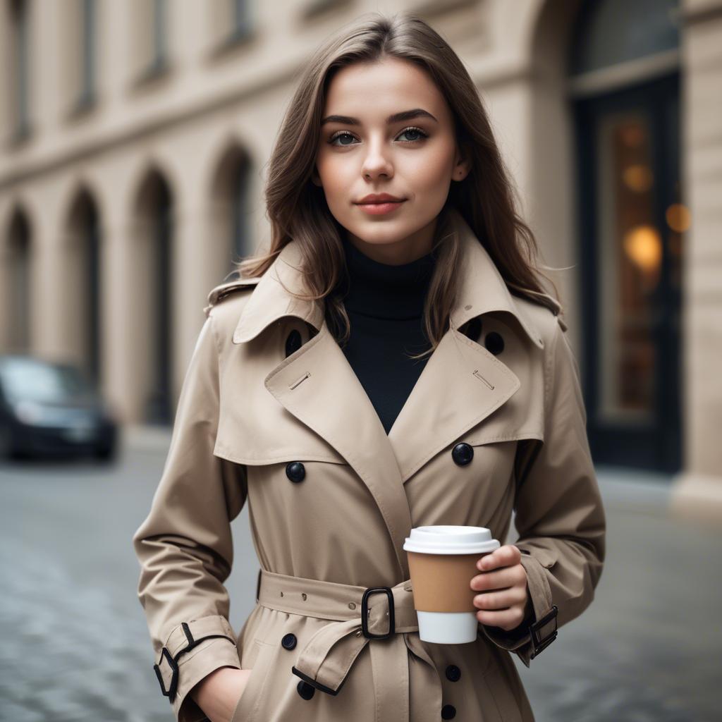 A stunning image of sophisticated girl in a trench coat with a coffee cup.